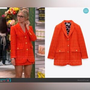 Zara orange tweed single-breasted blazer jacket gold-tone buttons blogger fave S